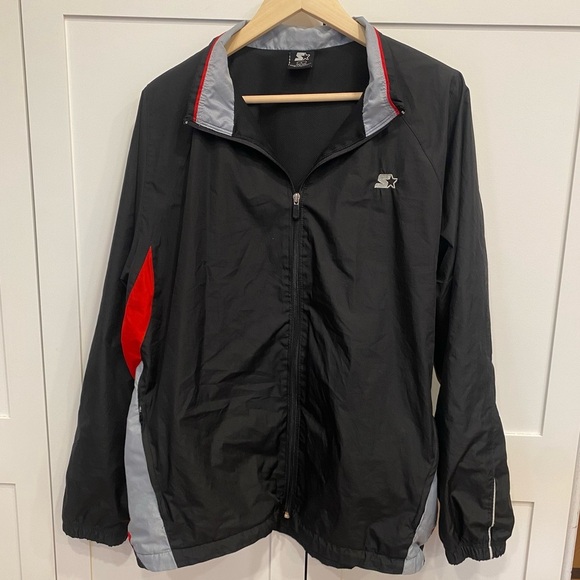Vintage Starter Windbreaker Jacket Black Gray Red Full Zip Vented - Picture 1 of 10